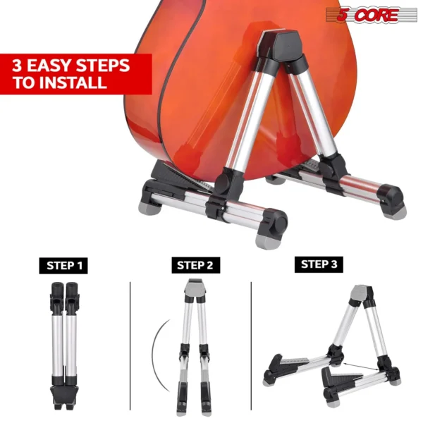 5Core Guitar Stand Floor Adjustable Aluminum A Frame Universal Folding Acoustic Electric Bass Stands SILVER - Image 5