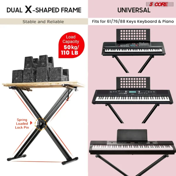 5Core Keyboard Stand Double X Style Adjustable Lift Piano Riser For 49 To 88 Keys BLACK - Image 2