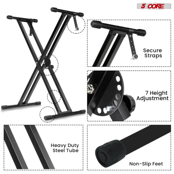 5Core Keyboard Stand Double X Style Adjustable Lift Piano Riser For 49 To 88 Keys BLACK - Image 3