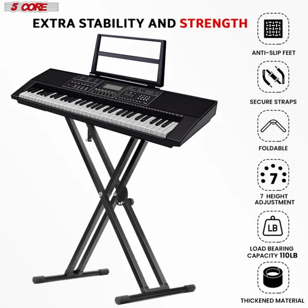 5Core Keyboard Stand Double X Style Adjustable Lift Piano Riser For 49 To 88 Keys BLACK - Image 4