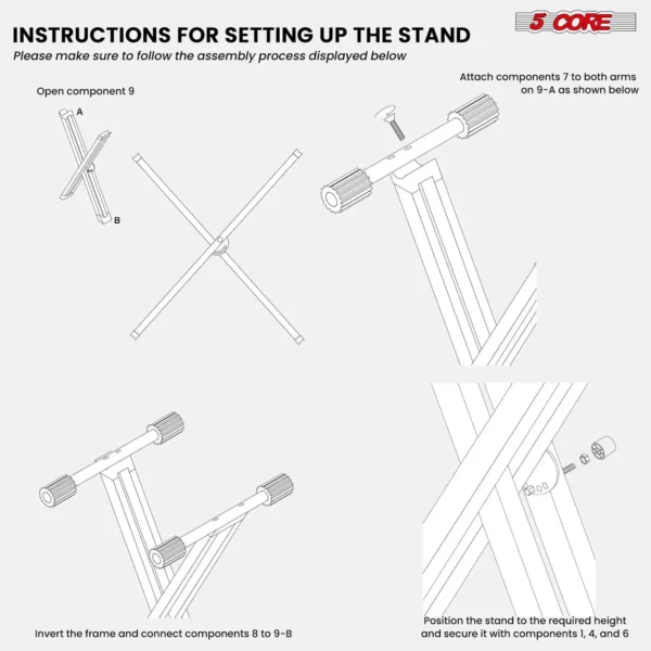 5Core Keyboard Stand Double X Style Adjustable Lift Piano Riser For 49 To 88 Keys BLACK - Image 6