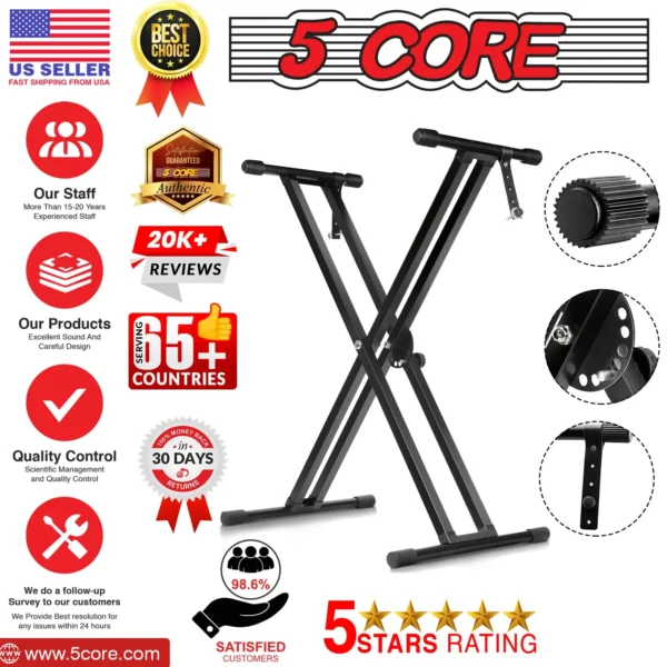 5Core Keyboard Stand Double X Style Adjustable Lift Piano Riser For 49 To 88 Keys BLACK - Image 7